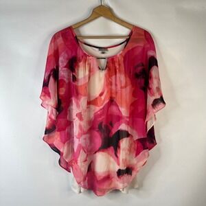 Avenue Blouse Women 18/20 Pink Floral Layered Poncho Keyhole Neck Top